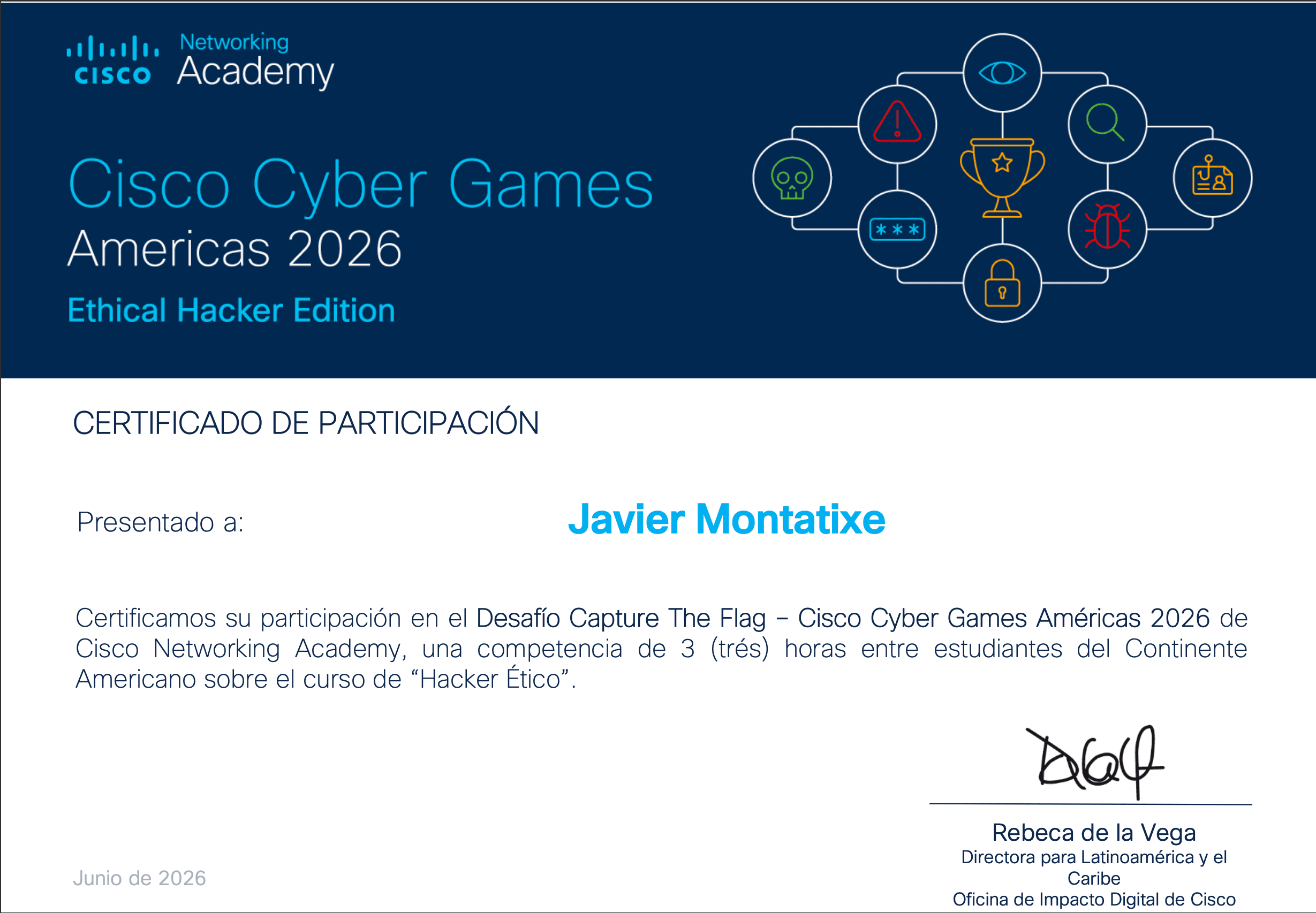 Certificado de Cisco Cyber Games Americas 2026