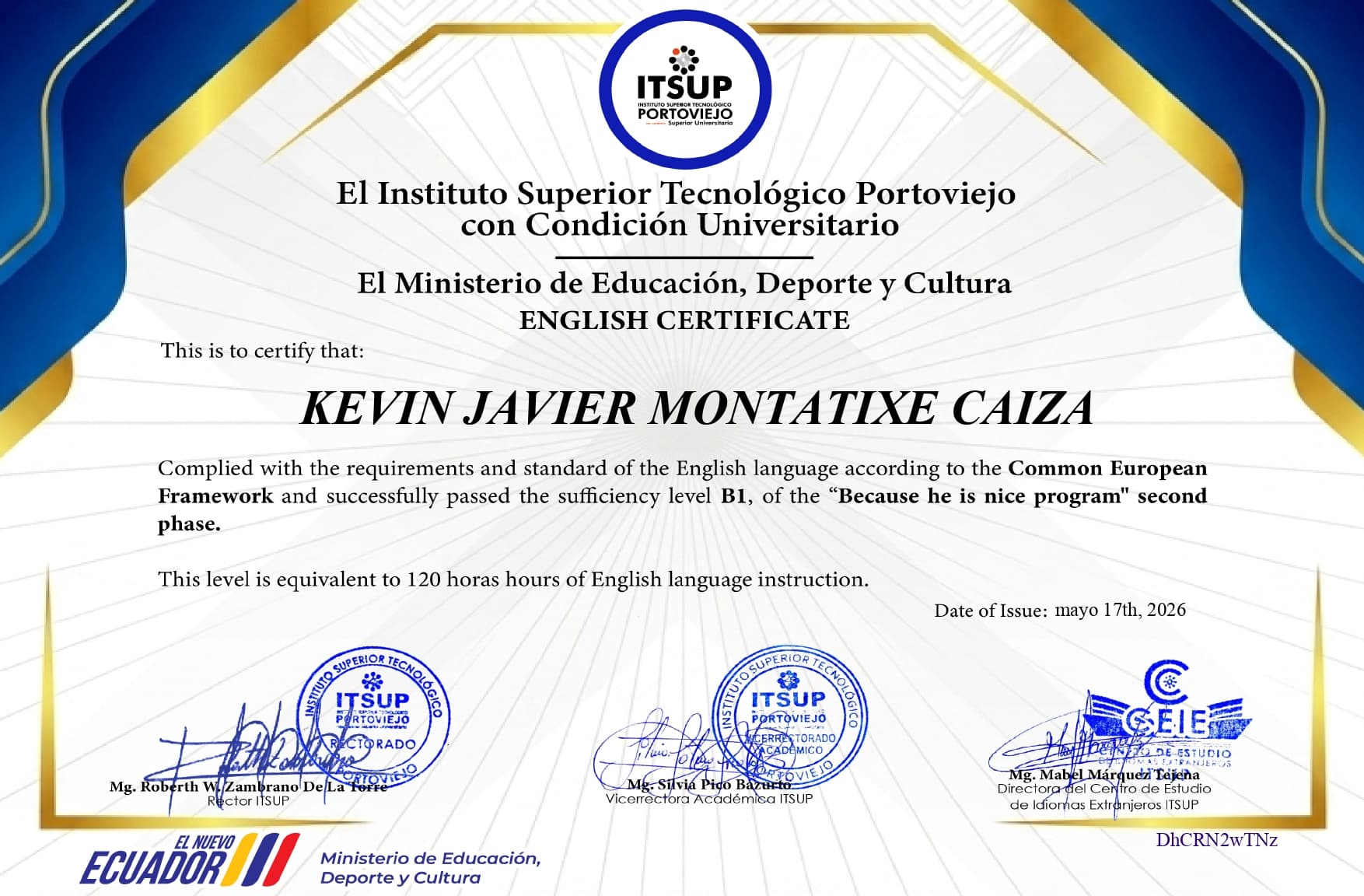 Certificado de English Certificate (A1, A2, B1)