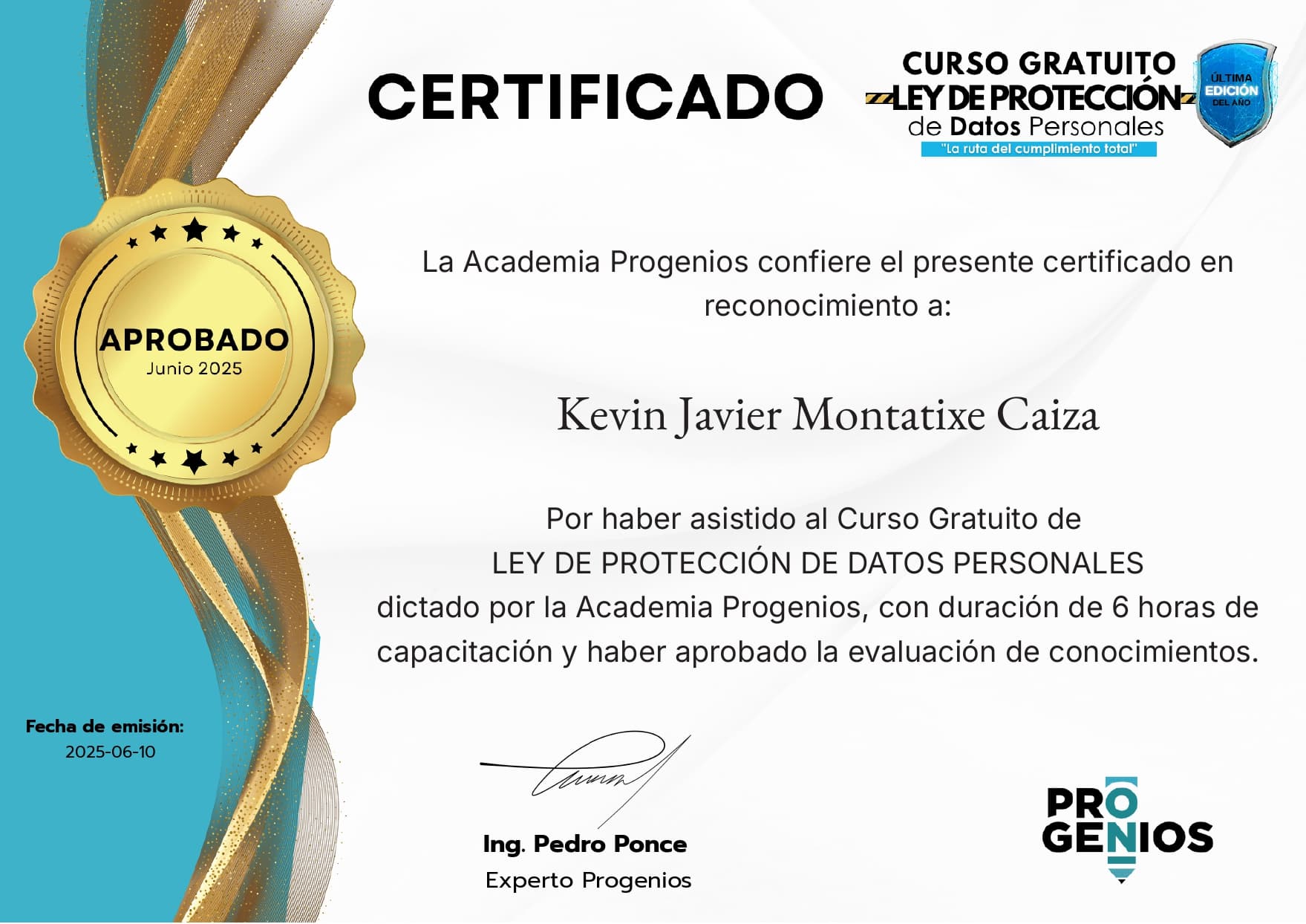 Certificado de Ley de Protección de Datos Personales
